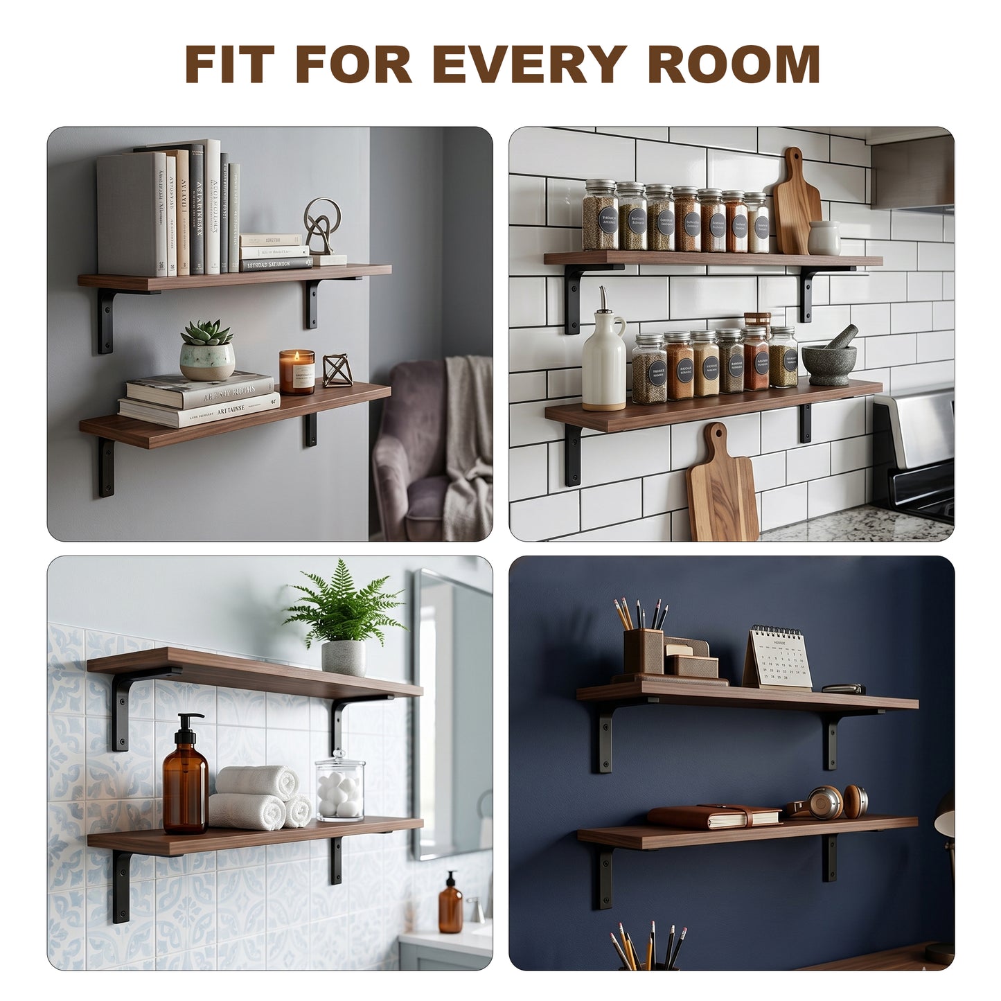 Riousery Wood Floating Shelves Set of 2, 23.6" Wall Mounted Shelves with Metal Brackets, Walnut Wall Shelves for Bathroom, Bedroom, Living Room, Kitchen