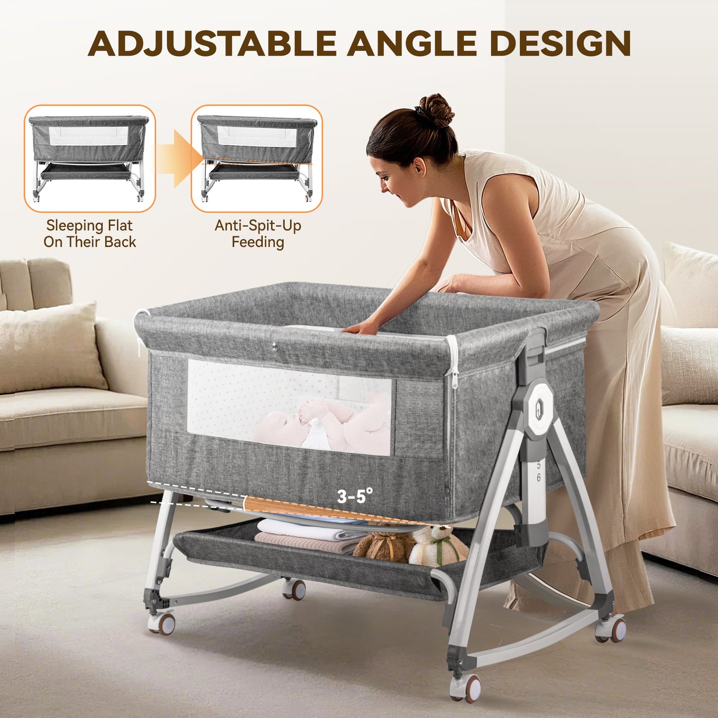 Rupoun Bassinet, Bedside Sleeper, Foldable Baby Crib with 6 Adjustable Heights and Mesh Panels, for Infant Newborn Child, Gray