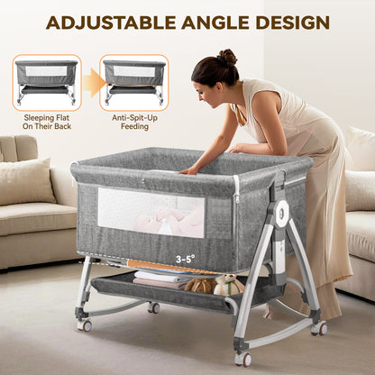 Rupoun Bassinet, Bedside Sleeper, Foldable Baby Crib with 6 Adjustable Heights and Mesh Panels, for Infant Newborn Child, Gray