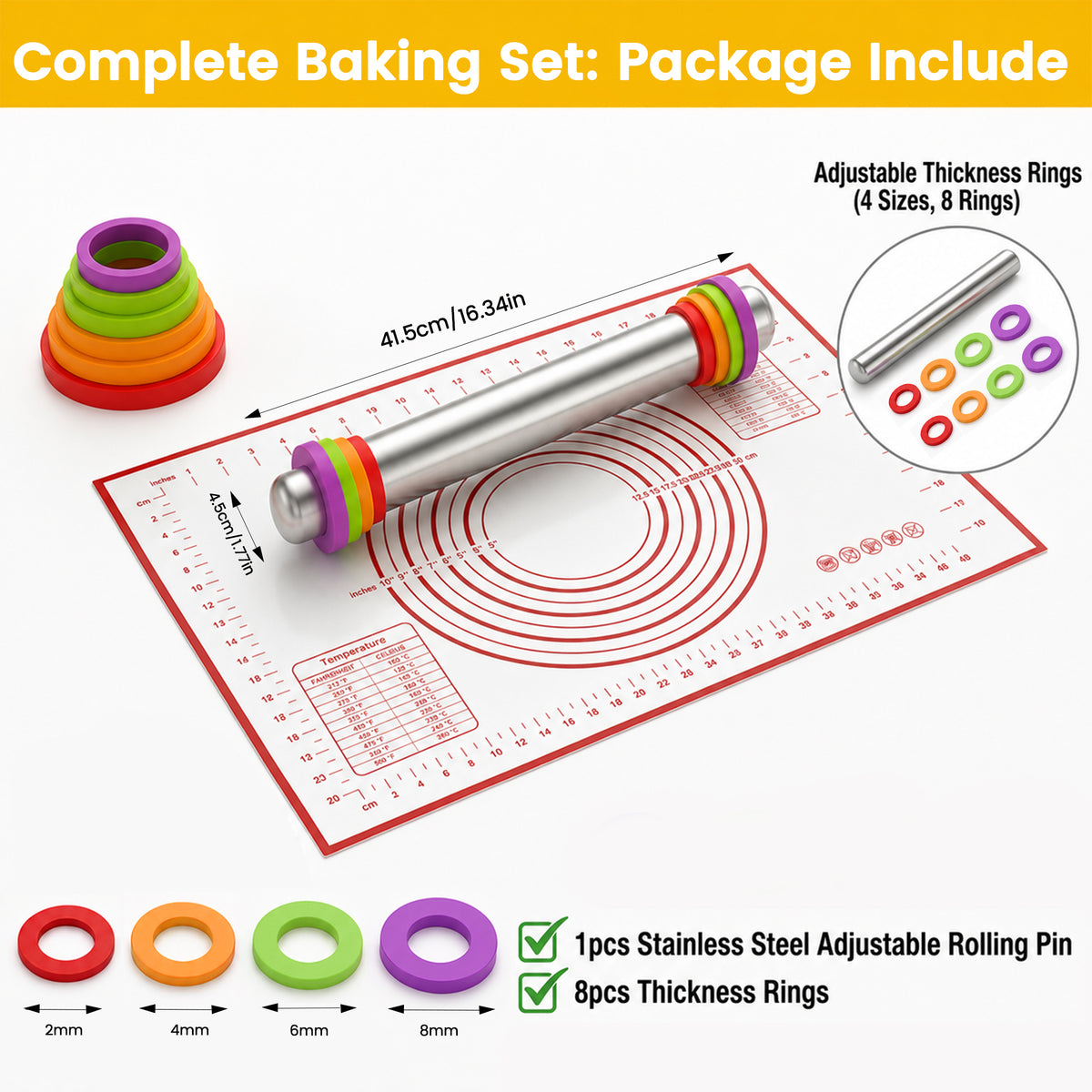 M Buder Stainless Steel Rolling Pin, Adjustable Metal Rolling Pin with Thickness Rings & Pastry Baking Mat for Baking, Dough Roller for Baking Pizza Dough Pie Cookie