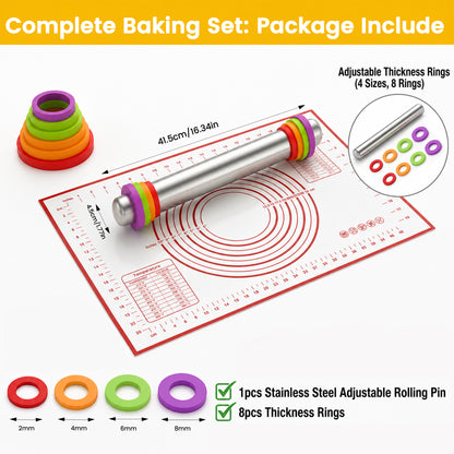 M Buder Stainless Steel Rolling Pin, Adjustable Metal Rolling Pin with Thickness Rings & Pastry Baking Mat for Baking, Dough Roller for Baking Pizza Dough Pie Cookie