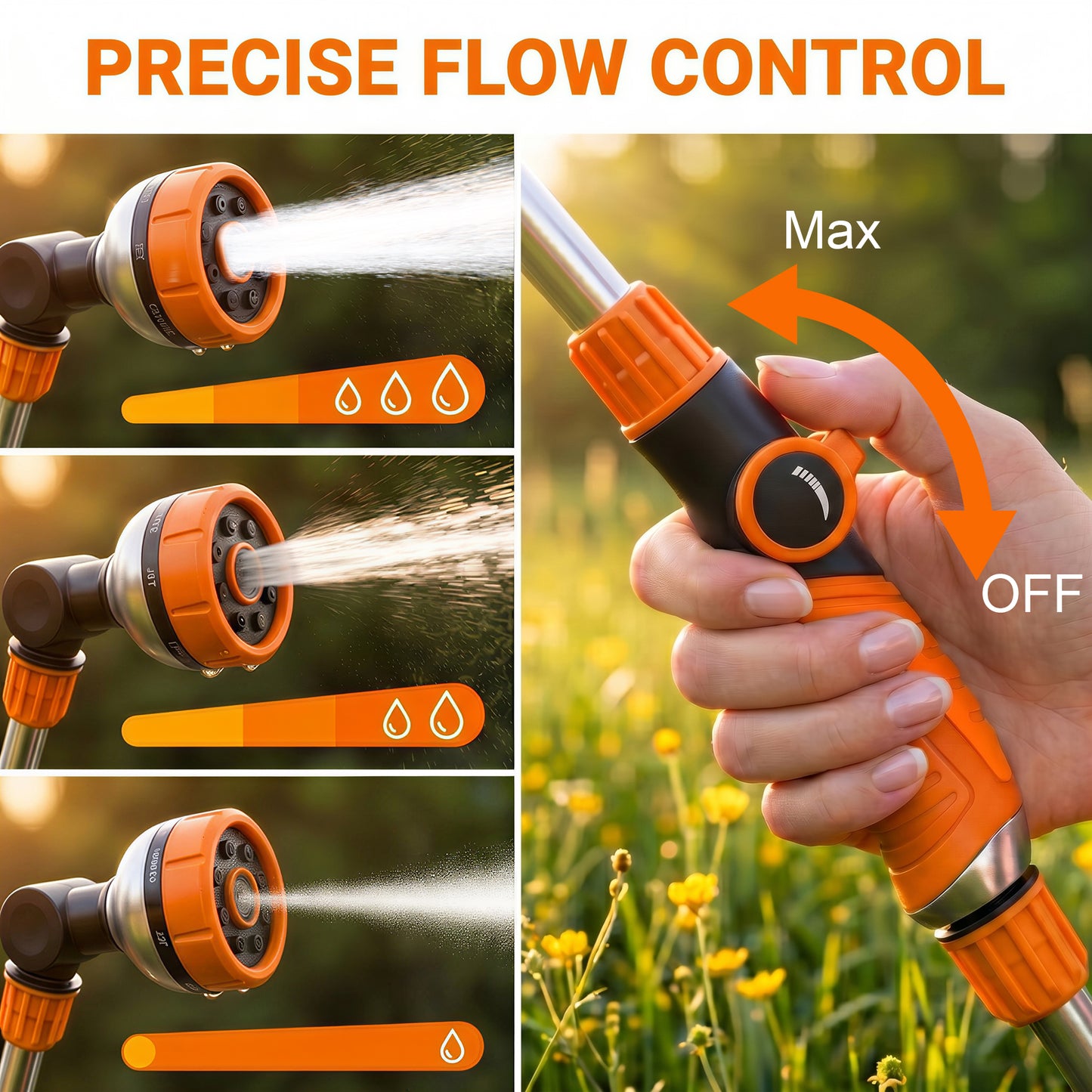 OHHANI Metal Watering Wand with 8 Spray Patterns Thumb Control, 180° Adjustable Nozzle, for Watering Hanging Baskets, Shrubs, and Car Washing