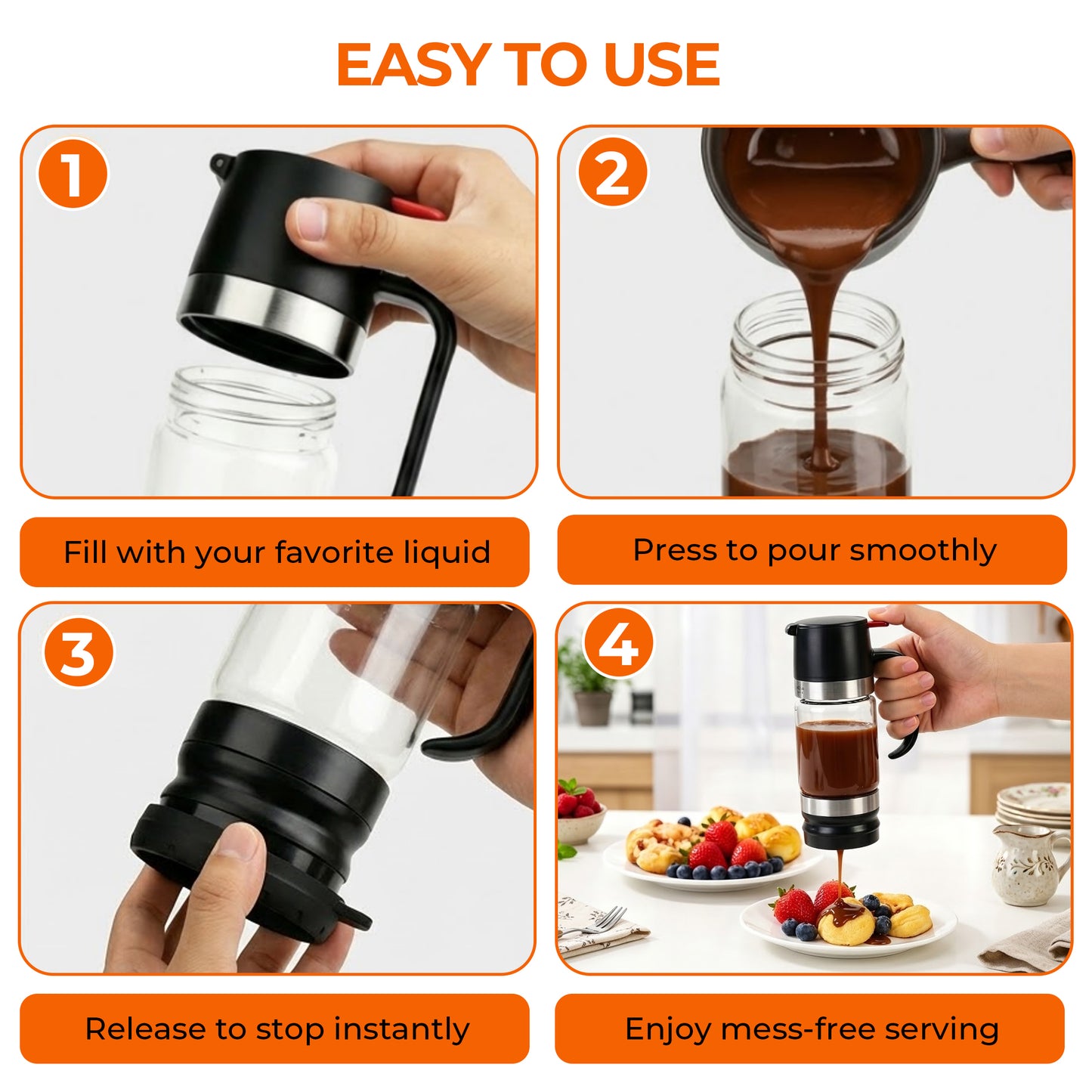 Riousery Honey Dispenser No Drip, 12oz Glass Syrup Dispenser with Press Lid, Leakproof Honey Jar with Silicone Seal, One-Hand Use for Honey, Oil, Sauces