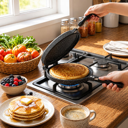 LZSDS Double Sided Frying Pan Nonstick, 2-in-1 Pancake Pan and Sandwich Maker with Locking Handle for Stovetop