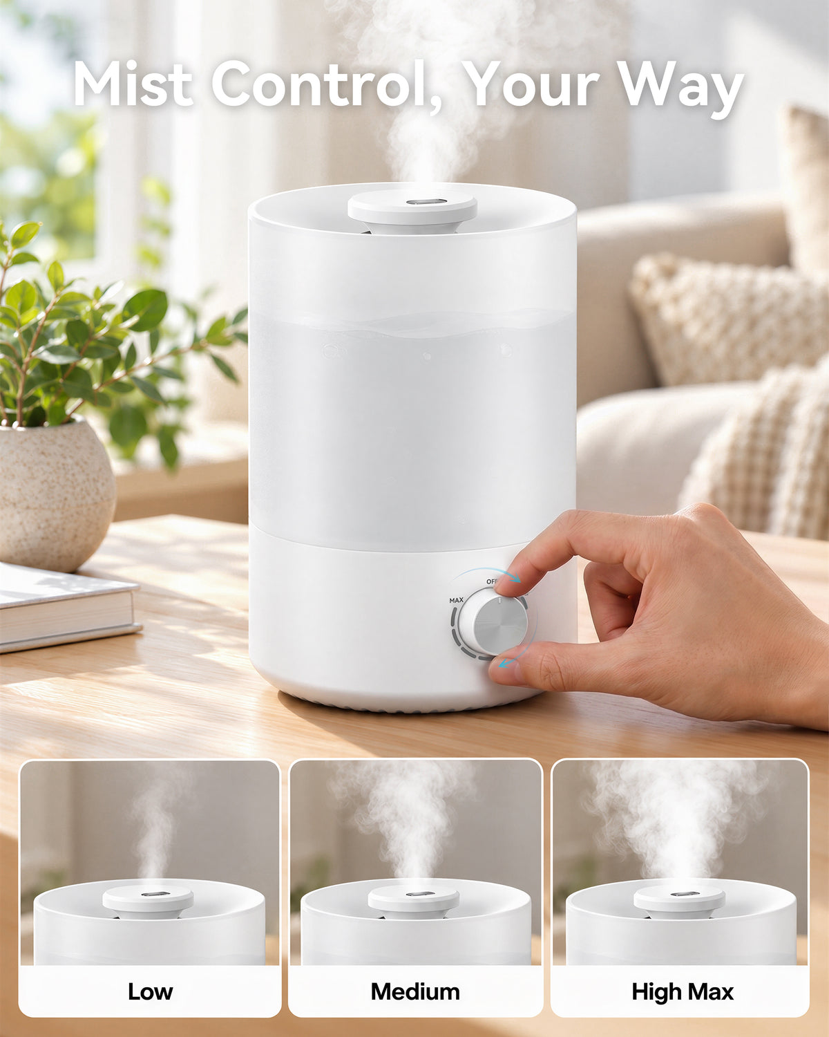 Reelexia 3L Cool Mist Humidifiers for Bedroom, Compact Tabletop Humidifier with Adjustable Mist, Night Light, Aroma Diffuser, Auto Shut-Off, White