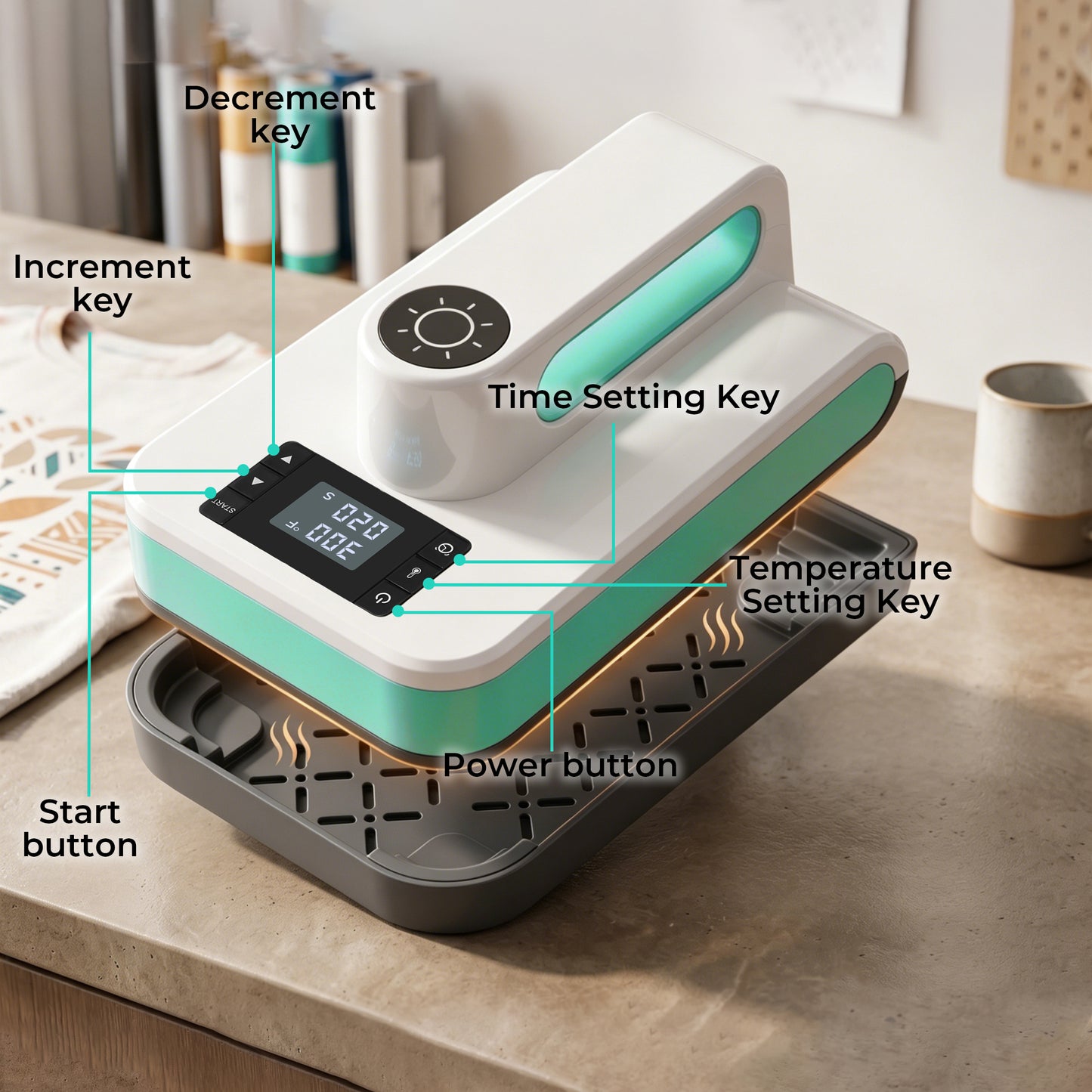 Reelexia Portable Heat Press Machine, for DIY T-Shirts and Bags, with Smart Auto Shut-Off - Green, 7.5" x 4.75"