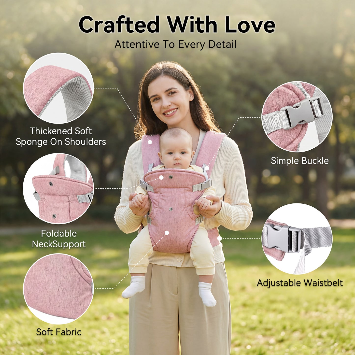 RUPOUN Baby Carrier, Convertible Soft & Cool Baby Carrier, 4-Position, Pink, for Child, Infant, Newborn