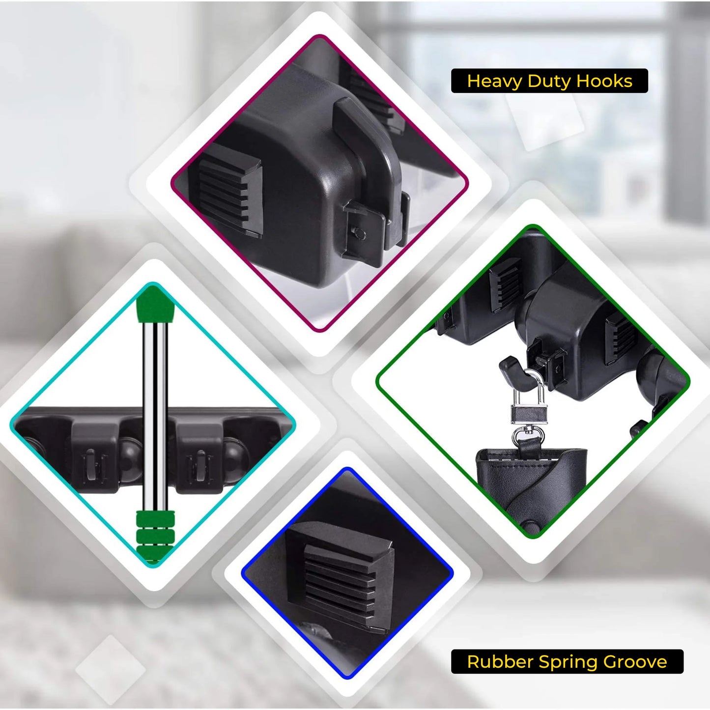 BIMZUC Wall Mount Broom Holder, 5-Position Plastic Organizer with Hooks, for Home and Garden Cleaning Tools