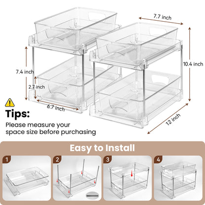 Riousery 2-Tier Clear Under Sink Organizer, 2-Pack Pull-Out Cabinet Storage, Stackable Design for Kitchen and Bathroom