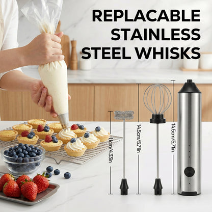 M Buder Milk Frother, Handheld Foam Maker and Electric Egg Whisk, 3 Speed Rechargeable Coffee Frother Wand with 2 Detachable Whisks, Silver