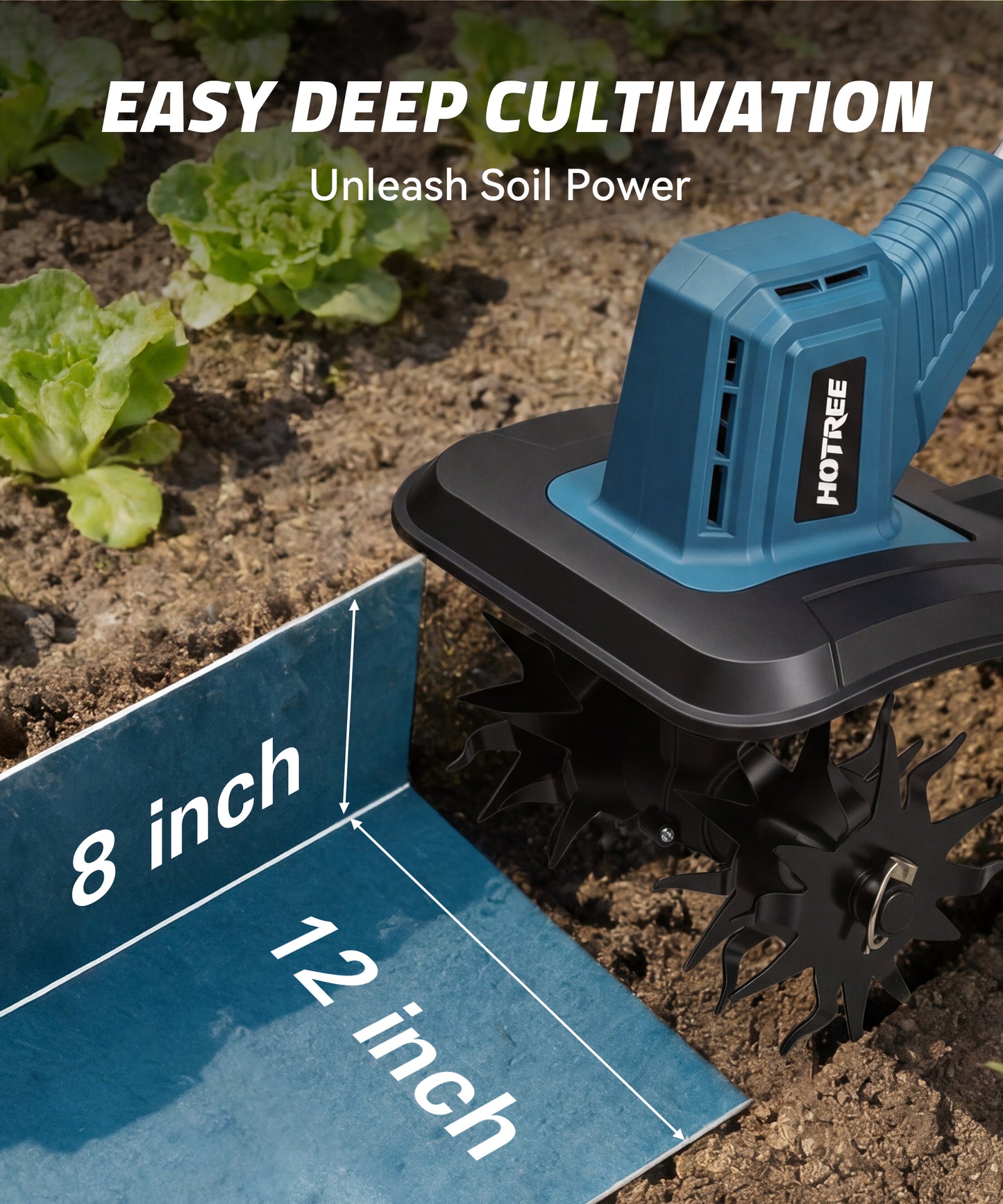 HOTREE Cordless Electric Tiller 4pcs Blades 12in Tilling Width and 8in Depth Electric Garden Rototiller 300rpm for Lawn Gardening Soil Cultivation