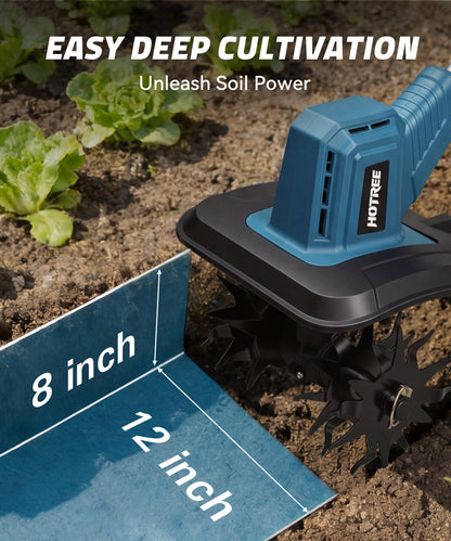 HOTREE Cordless Electric Tiller 4pcs Blades 12in Tilling Width and 8in Depth Electric Garden Rototiller 300rpm for Lawn Gardening Soil Cultivation