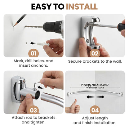 Riousery Curved Shower Curtain Rod, 43–71 in Adjustable, 304 Stainless Steel, Wall Mounted Screw-In Installation, Rotatable Brackets, Silver