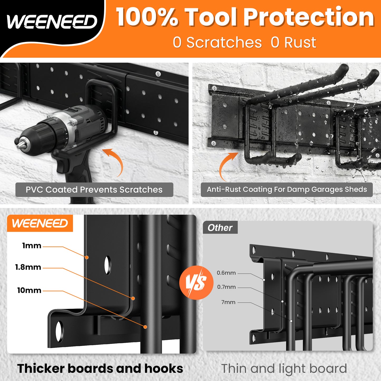 WEENEED Garage Tool Organizer Wall Mount 48 inches with 10 Adjustable Heavy-Duty Hooks, Garage Organization, Garden Tool Storage Rack, Yard, and Shed