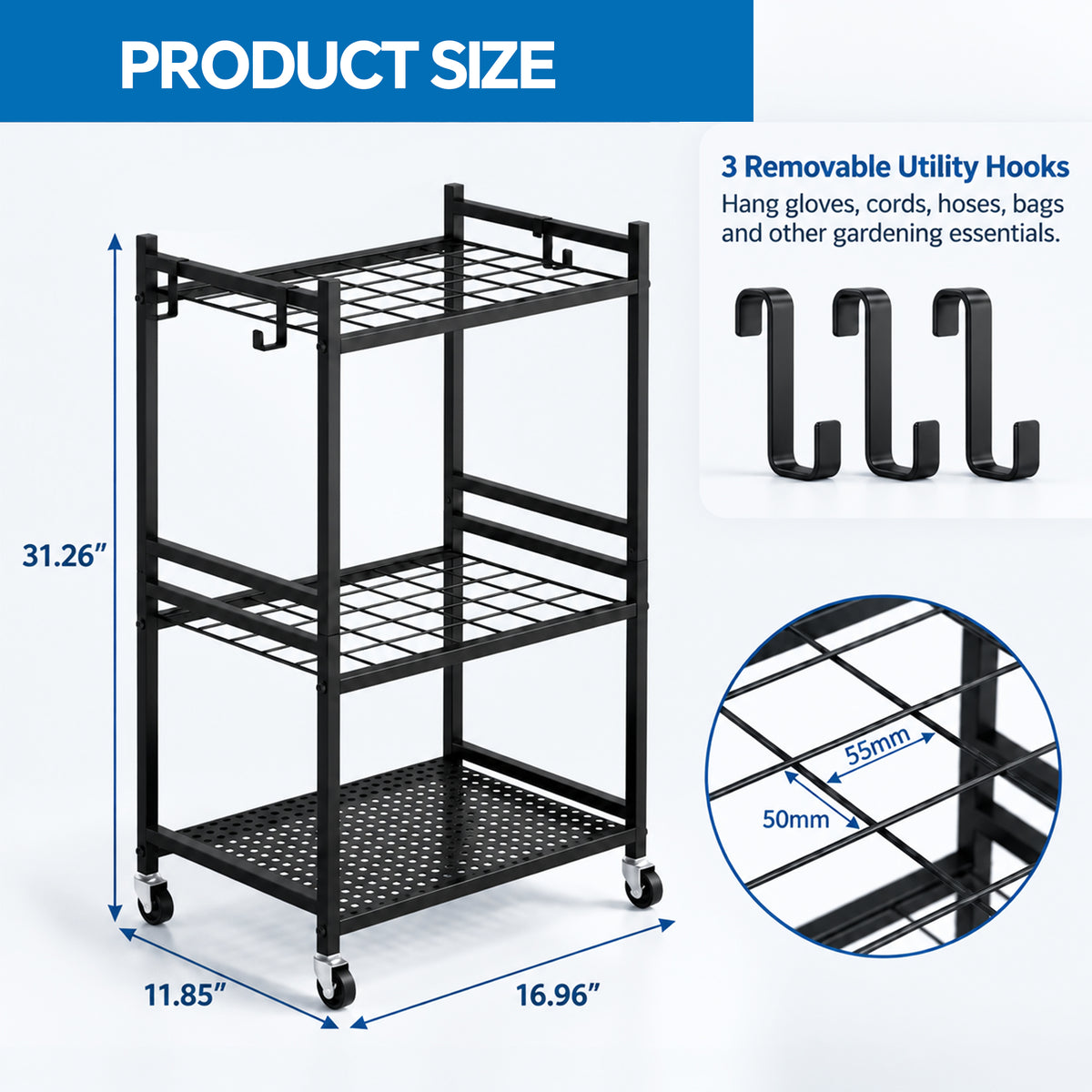 Riousery Garden Tool Organizer with Lockable Wheels, Heavy Duty Steel Yard Tool Rack, Garage Storage Stand with Hooks for Brooms, Rakes, Shovels, Mops