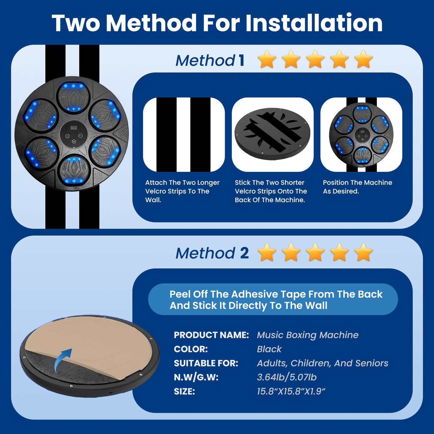 OPMUKIN Music Boxing Machine, Workout Equipment with LED Guidance, Touch Control, Bluetooth Audio, for Adults, Family Games, Black