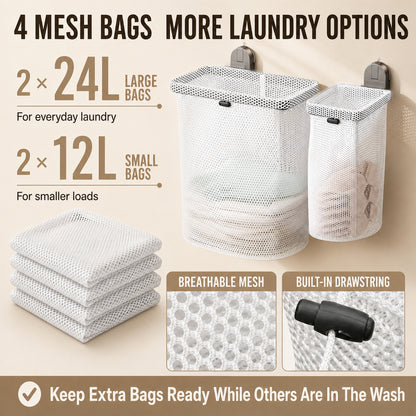Riousery Wall Mounted Foldable Laundry Hamper, No-Drill Suction Cup Mount, 4 Removable Mesh Wash Bags
