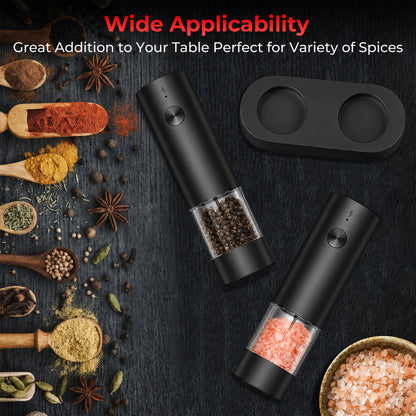 M Buder Electric Salt and Pepper Grinder Set, Automatic USB Rechargeable Pepper Mill Shakers Adjustable Coarseness Easy Filling, 2 Pack, Black