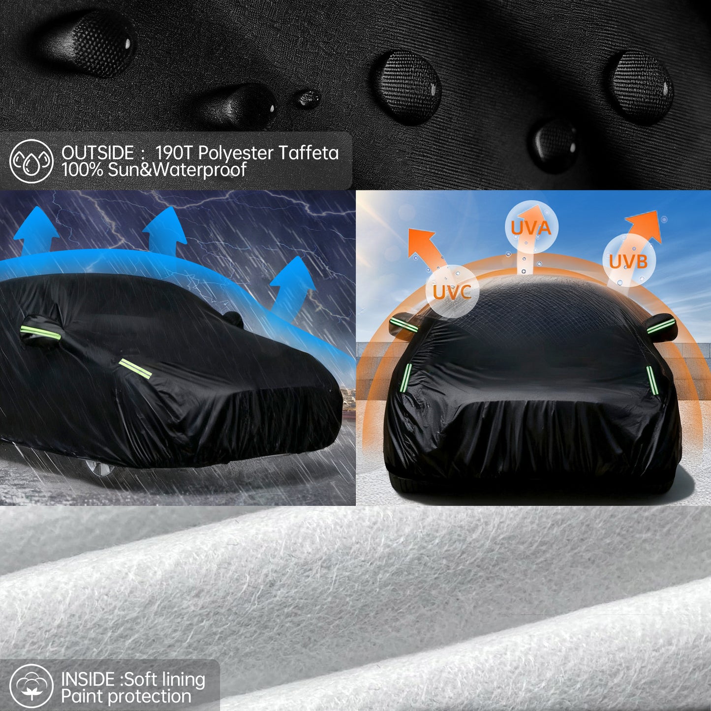FLORAY Waterproof All-Weather Car Cover with Zipper Door – Heavy-Duty Windproof Protection for Sedan, UV and Snow Guard, Black