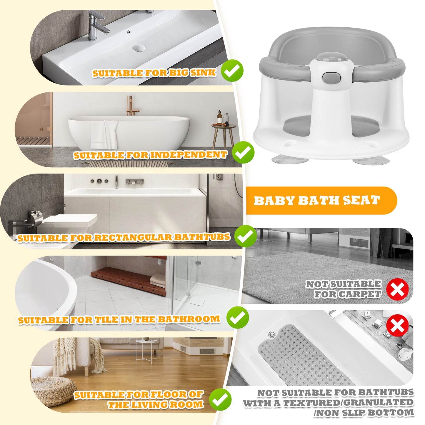 Rupoun Baby Bath Accessories for Newborns, Non-Slip Baby Proofing for Infant, Comfortable, Gray