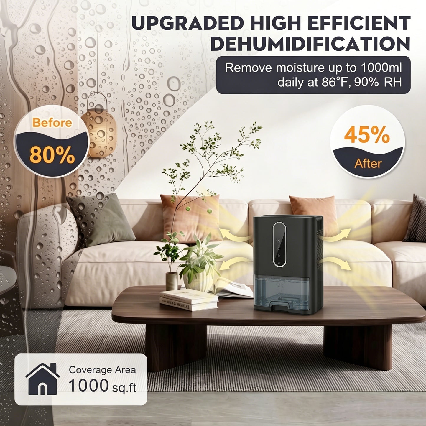 Dehumidifier for Home, 67oz Water Tank, (1000 sq.ft) Quiet Portable Dehumidifiers for Bathroom, Auto Shut Off, Sleep Mode, 5 Color Light