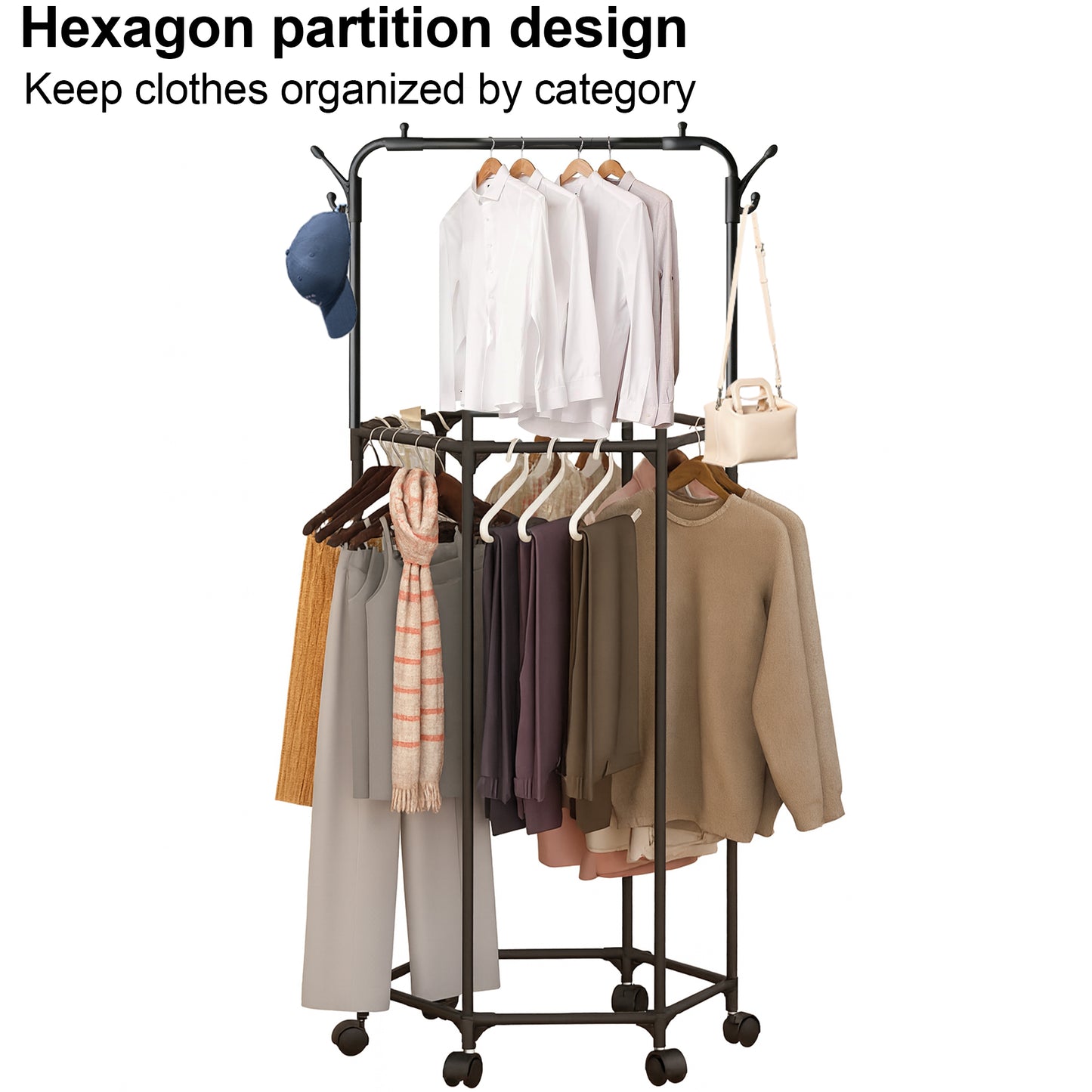 WEENEED Rolling Garment Rack with Wheels, Double-Layer Rotating Clothes & Coat Organizer with Hat Hooks, Multi-Functional Clothing Storage for Bedroom or Closet