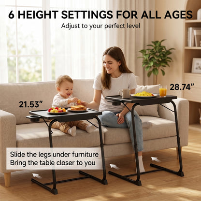 Riousery TV Tray Table with Cup Holders, Portable C-Shaped Side Dinner Tray Table, Adjustable 6 Heights & 3 Tilt Angle for Living Room, Bedroom, Black