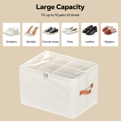 Riousery 2-Pack Under Bed Shoe Organizer for Closet, 24 Individual Shoe Slots, Foldable Storage Boxes with Clear Zipper Cover & Handles, Biege