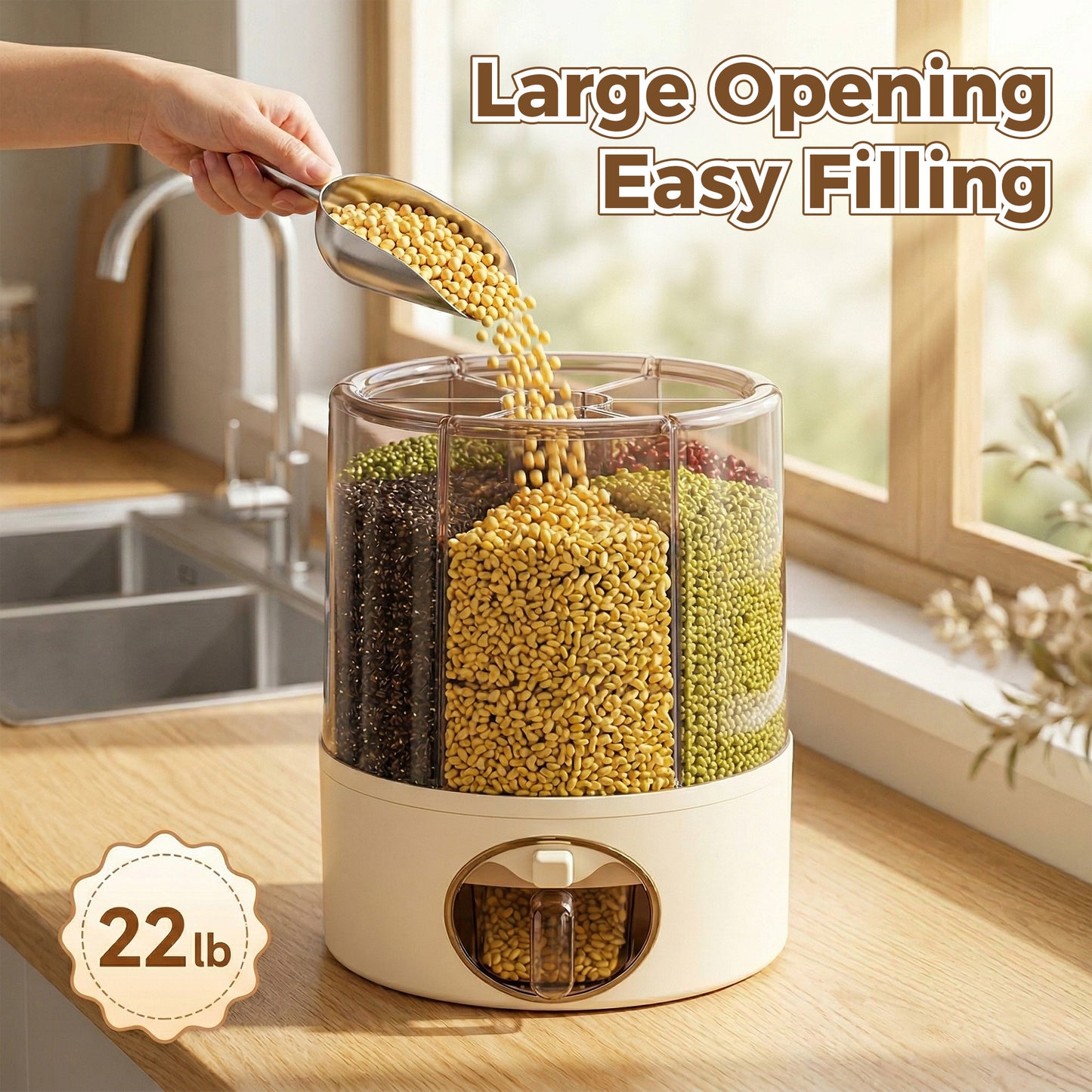 WEEUSE 360° Rotating Grain Dispenser, 22 lbs Large Capacity, 6 Compartments, One-Press Dispensing, Clear Rice & Cereal Storage for Kitchen Pantry