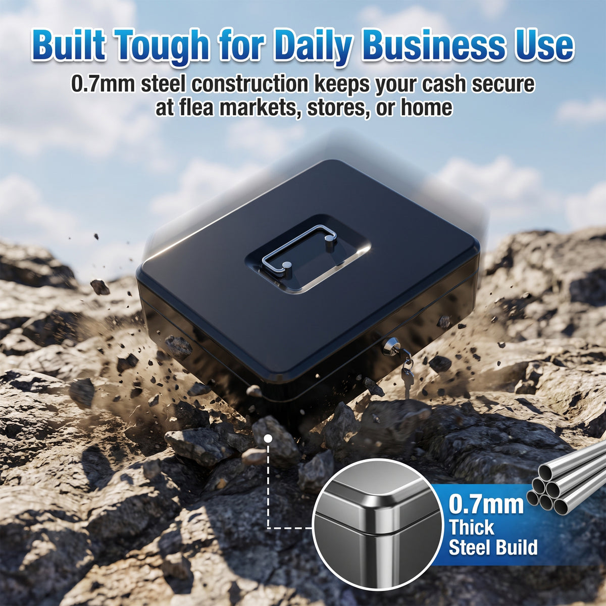 Alylo Large Metal Cash Box with Money Tray and Key Lock, 5 Coin Compartments, Black, 11.8" x 9.45" x 3.74"