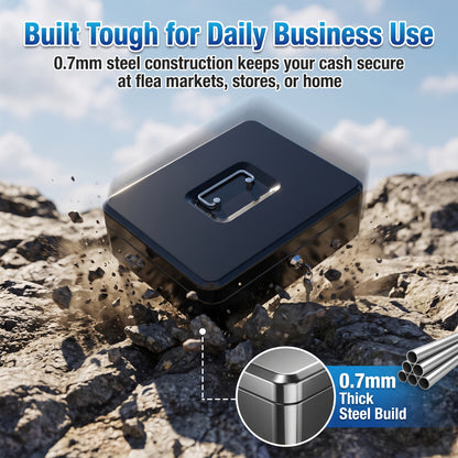 Alylo Large Metal Cash Box with Money Tray and Key Lock, 5 Coin Compartments, Black, 11.8" x 9.45" x 3.74"