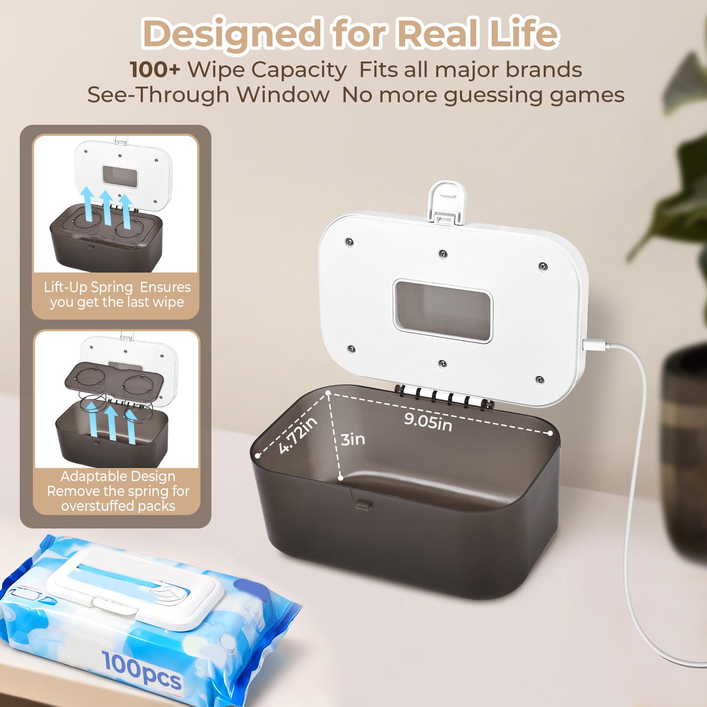 WEENEED Baby Wipe Warmer and Dispenser, USB Powered, 3 Temperature Settings 131°F–149°F, Built-in Night Light, Gray-White