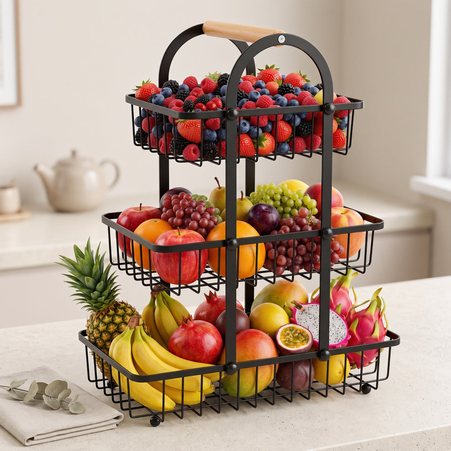Riousery 3-Tier Fruit Basket for Kitchen Counter, Metal Fruit Stand with Wooden Handle, Large Wire Produce Organizer for Fruits, Vegetables, Bread & Snacks, Black