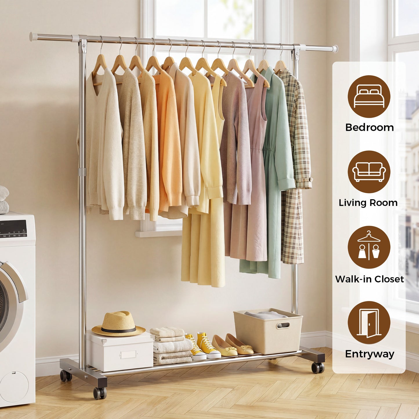 Riousery Heavy-Duty Stainless Steel Clothing Rack with Wheels, Adjustable Height & Length for Closet Organization