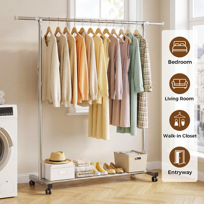 Riousery Heavy-Duty Stainless Steel Clothing Rack with Wheels, Adjustable Height & Length for Closet Organization