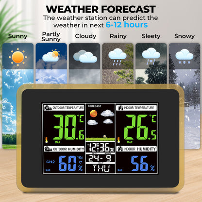 AOLIGO Wireless Weather Station, Color Display with Indoor Outdoor Thermometer, Forecast, Alarm and Calendar, Black