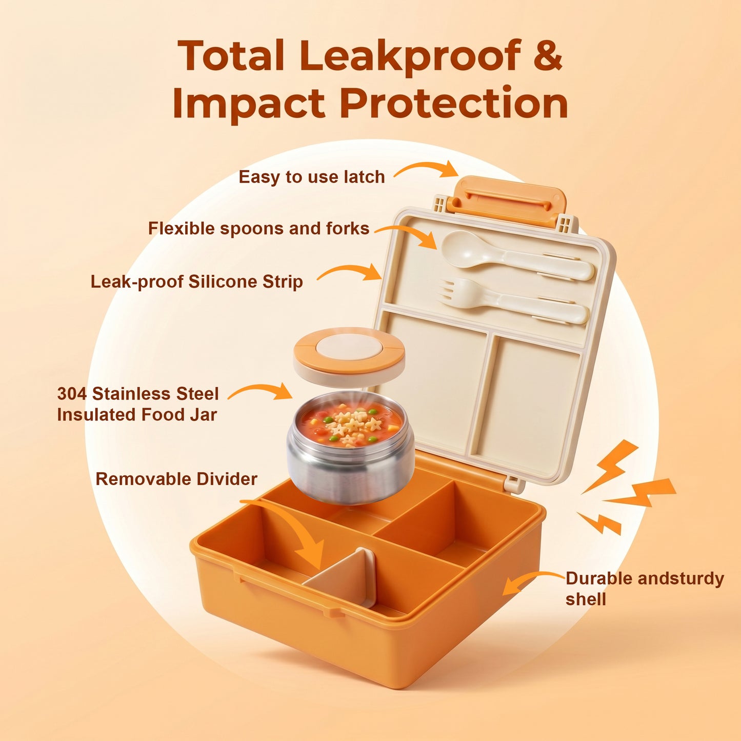M Buder 1700ML Bento Box for Kids, Leak-Proof Lunch Box with 3 or 4 Compartments, 350 ml Insulated Food Jar, Fork, Spoon, Orange