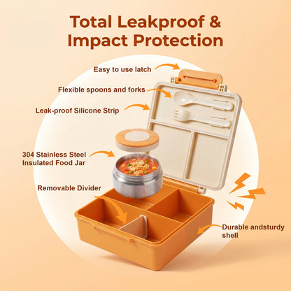 M Buder 1700ML Bento Box for Kids, Leak-Proof Lunch Box with 3 or 4 Compartments, 350 ml Insulated Food Jar, Fork, Spoon, Orange