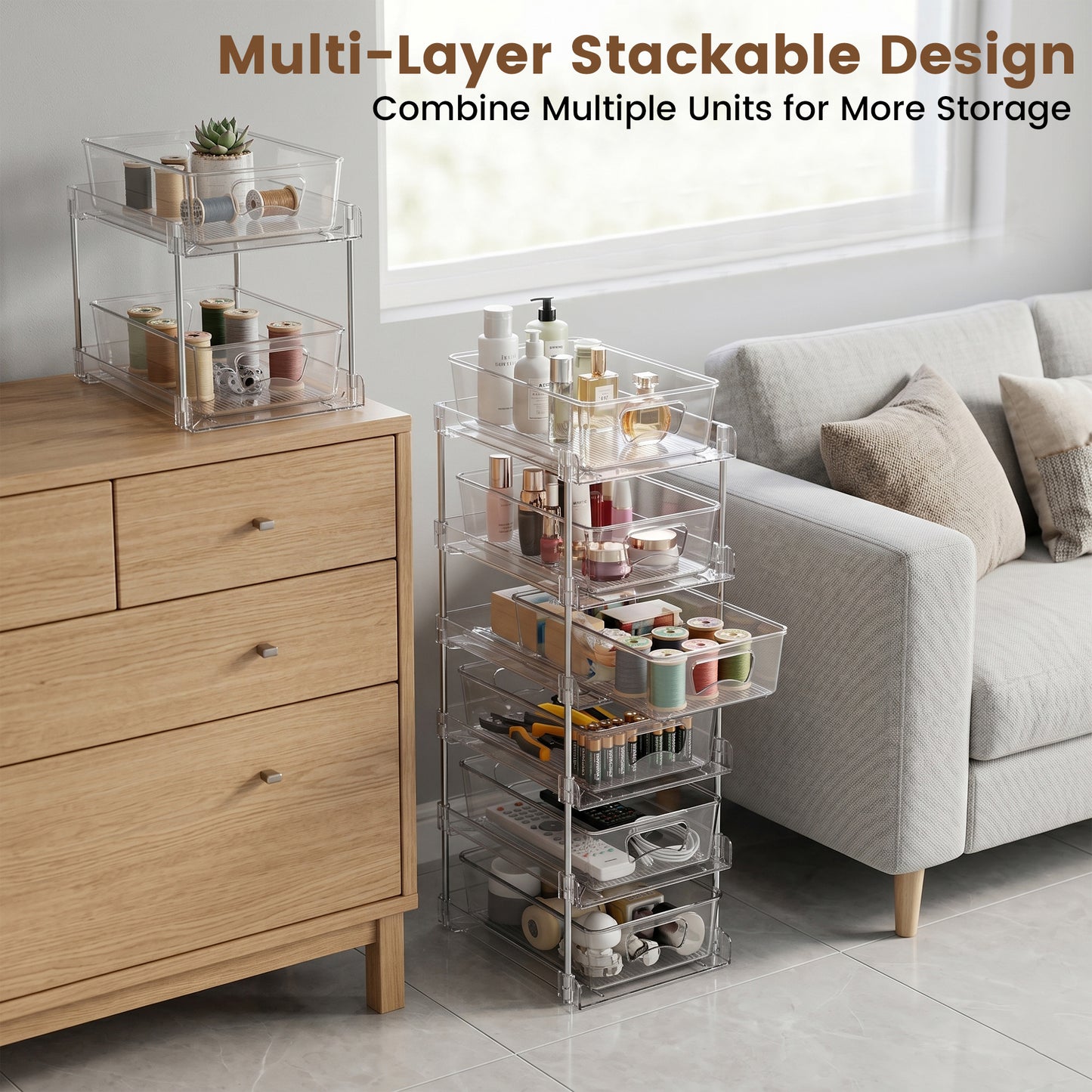 Riousery 2-Tier Clear Under Sink Organizer, 3-Pack Pull-Out Cabinet Storage, Stackable Design for Kitchen and Bathroom