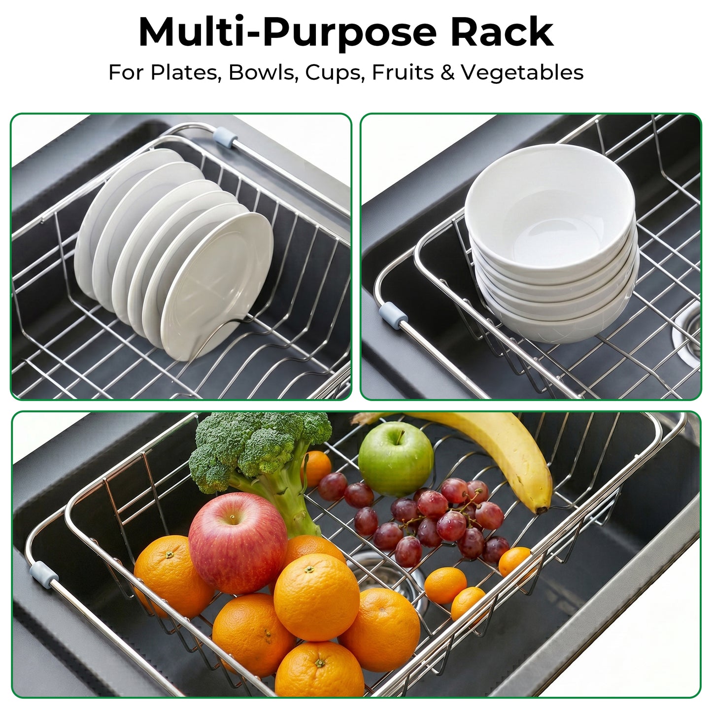 Riousery Dish Drying Rack, Stainless Steel Expandable Over Sink Dish Rack, Adjustable Dish Drainer for Kitchen Sink or Countertop, Space-Saving Design, 11.8"–16.5"