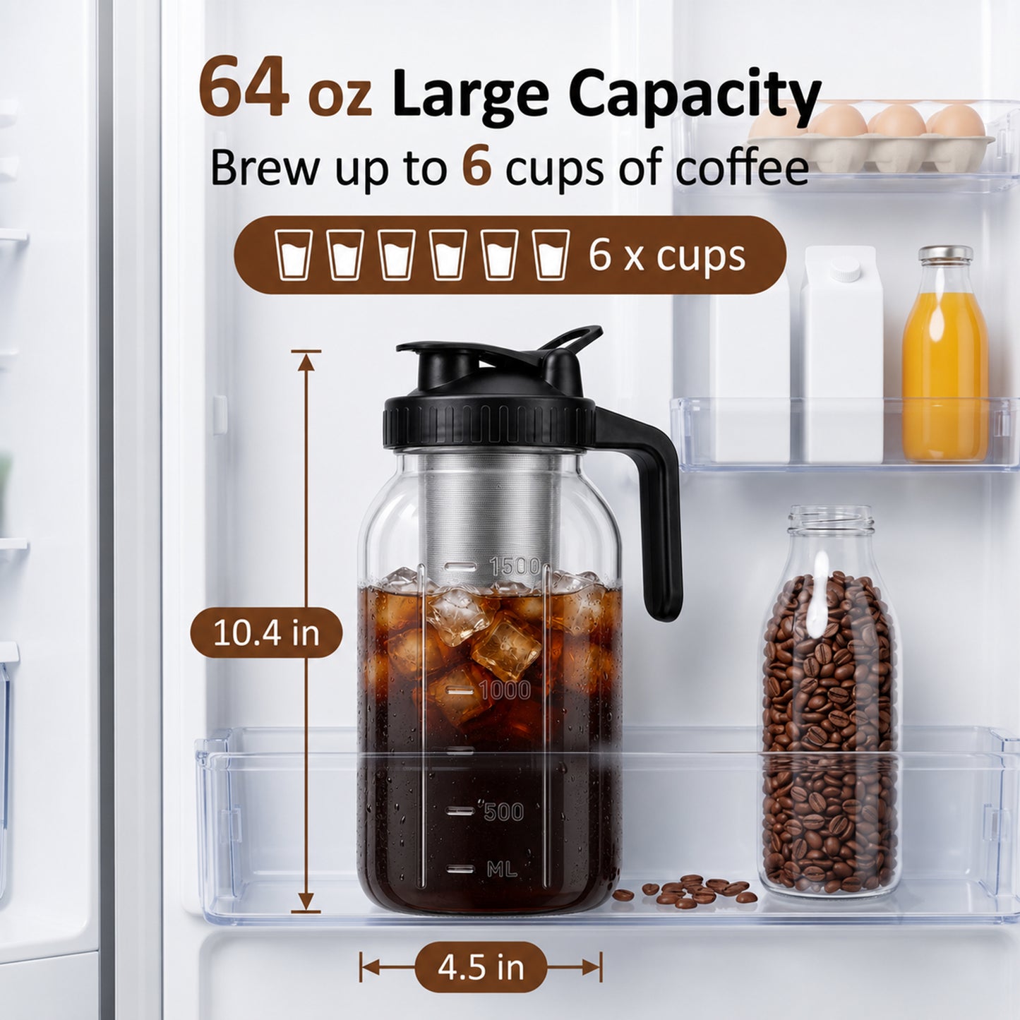 M Buder Cold Brew Coffee Maker, 64 oz Iced Coffee Maker with Stainless Steel Filter, Lid and Spout, No Leaks Mason Brew Jar Pitche for Iced Coffee, Tea