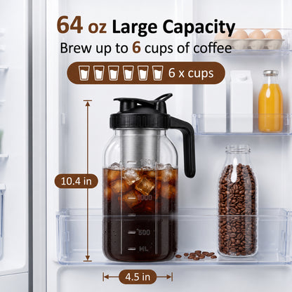 M Buder Cold Brew Coffee Maker, 64 oz Iced Coffee Maker with Stainless Steel Filter, Lid and Spout, No Leaks Mason Brew Jar Pitche for Iced Coffee, Tea
