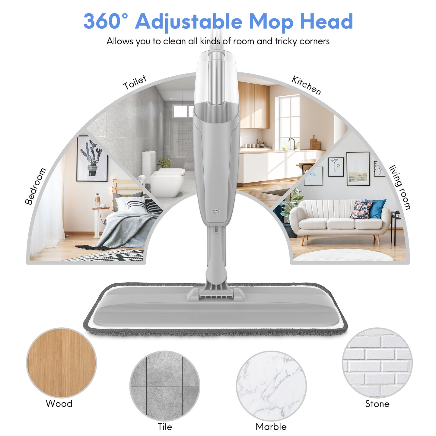 BIMZUC Spray Mop for Floor Cleaning Wet, with 14 oz Refillable Bottle and 3 Washable Microfiber Pads Home or Commercial Use, Gray