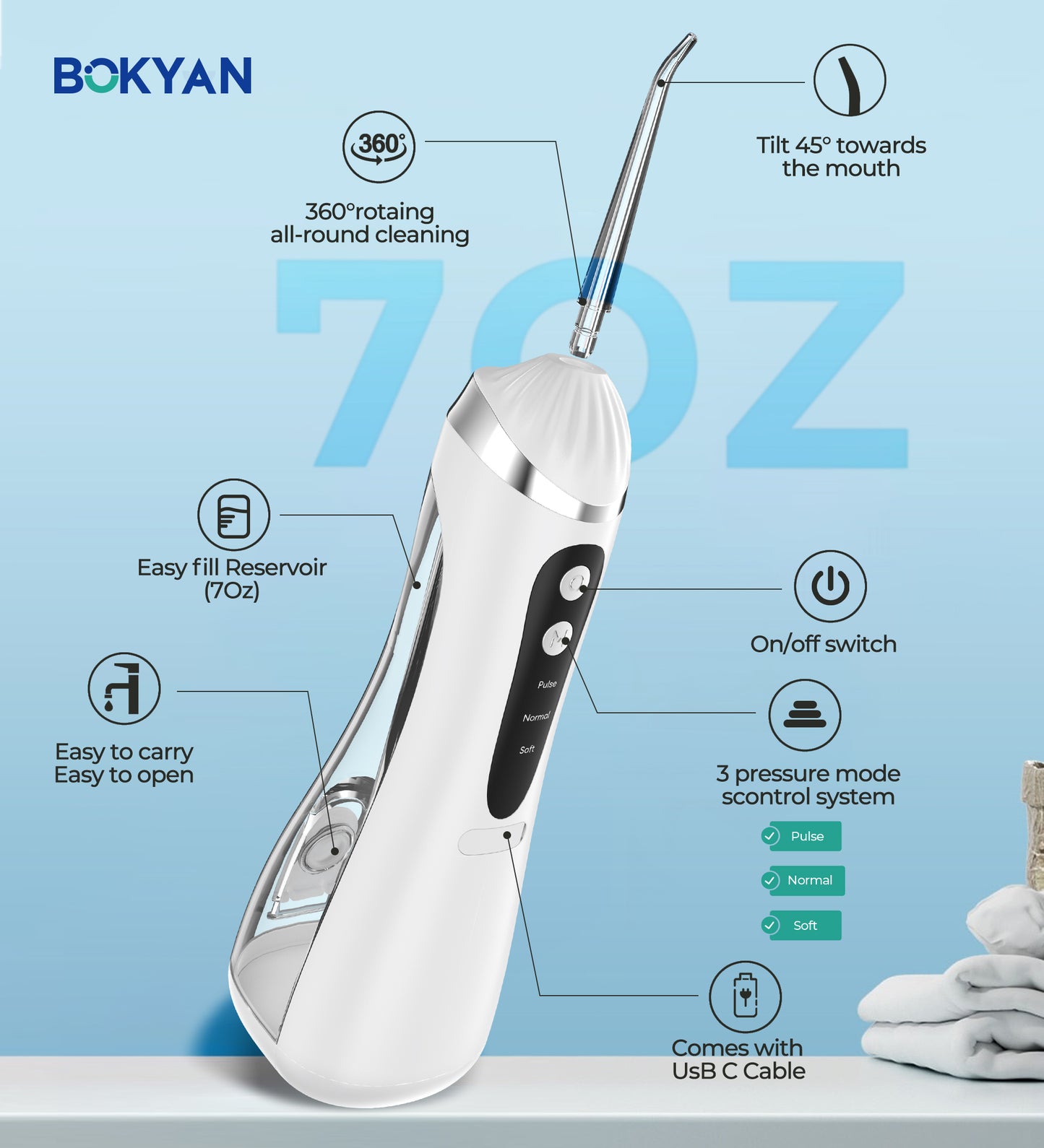 Bokyan Water Flosser for Teeth, cordless 200 ML Portable Electric Flossing Cleaner Rechargeable , Water Picks for Dental Hygiene