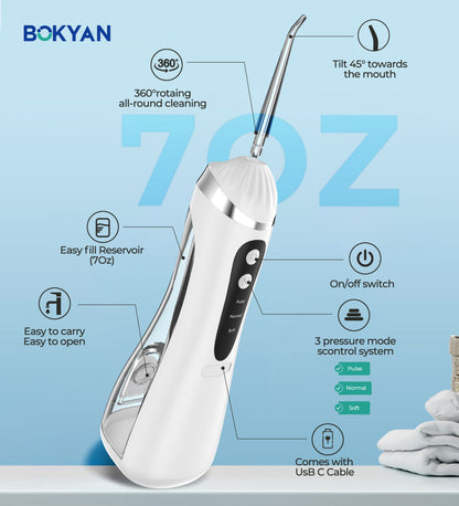 Bokyan Water Flosser for Teeth, cordless 200 ML Portable Electric Flossing Cleaner Rechargeable , Water Picks for Dental Hygiene