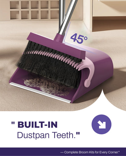 BIMZUC Broom and Dustpan Set for Home, 51" Long Handle Dustpan & Broom W/Comb, Purple Cleaning Kit