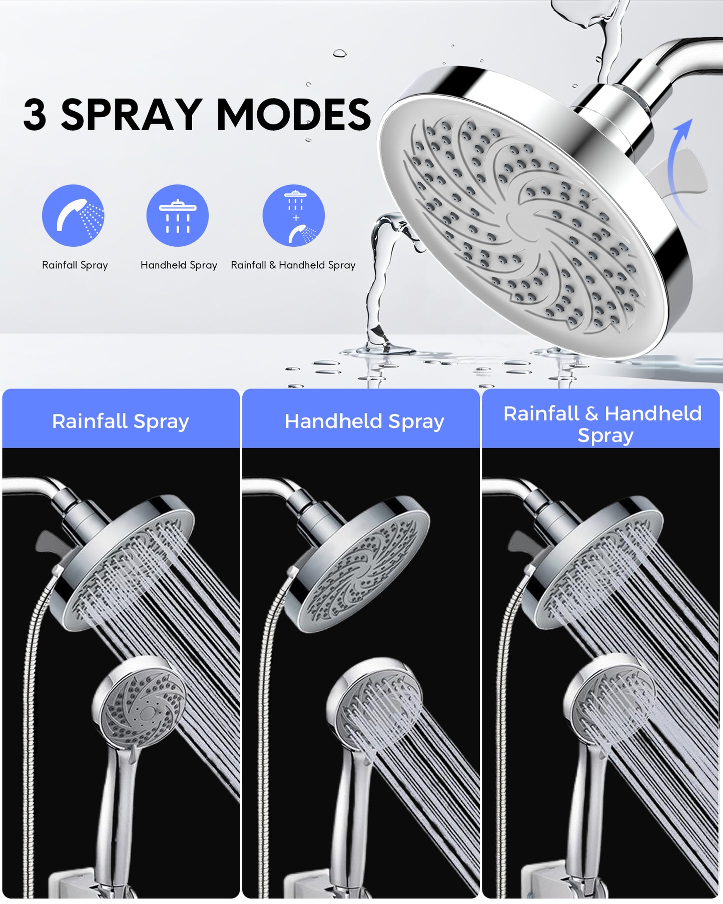 Hodvit 6" High Pressure Rainfall Shower Head and Handheld Combo, Plated with 60" Hose Anti-leak with Holder, Chrome