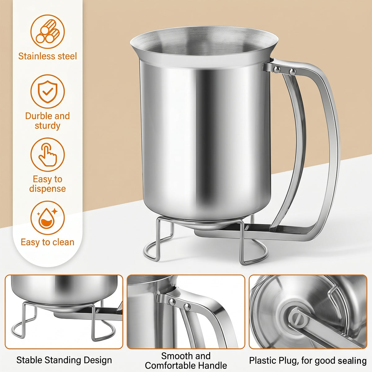 M Buder Pancake Batter Dispenser, Stainless Steel Handheld Baking Batter Funnel with Stand for Pancakes, Cupcakes, Baked Goods
