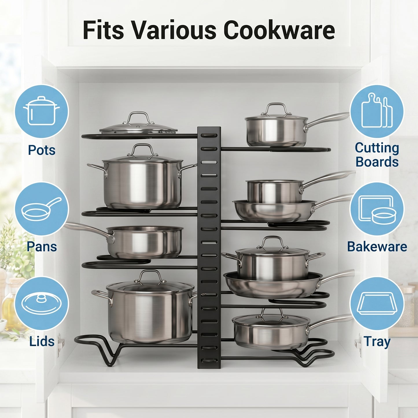 Riousery Pot and Pan Organizer Rack for Cabinet, 8-Tier Adjustable Cookware Organizer with Dividers, 3-Way Assembly, Tool-Free Setup, Non-Slip Storage for Pots, Pans, Lids and Bakeware