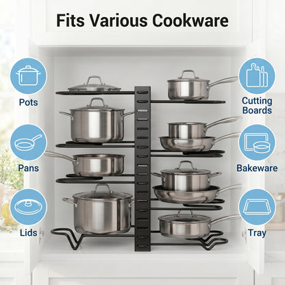 Riousery Pot and Pan Organizer Rack for Cabinet, 8-Tier Adjustable Cookware Organizer with Dividers, 3-Way Assembly, Tool-Free Setup, Non-Slip Storage for Pots, Pans, Lids and Bakeware